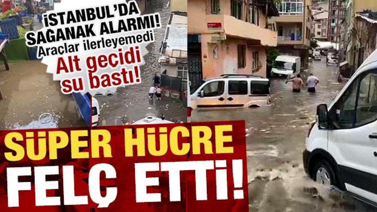İstanbul’da sağanak sonrası suyla dolan yolda ilerlemeye çalışan araçlar