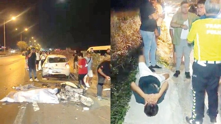 Manavgat’ta emniyet şeridindeki otomobile çarpan motosiklet kazasının ardından olay yerinde inceleme yapan ekipler